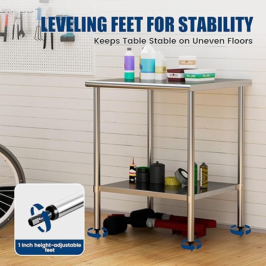 Stainless Steel Work Table 30 x 30 Inch with Adjustable Undershelf, Heavy-Duty Metal Prep Table for Commercial Kitchen & Restaurant, Garage, Outdoor