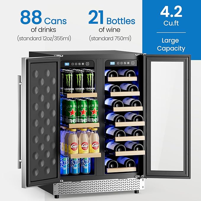Wine and Beverage Refrigerator, 24’’ Daul Zone Wine Fridge, Freestanding Under Counter Refrigerator, Stainless Steel Beverage Cooler with Adjustable Shelves, Holds 21 Bottles and 88 Cans