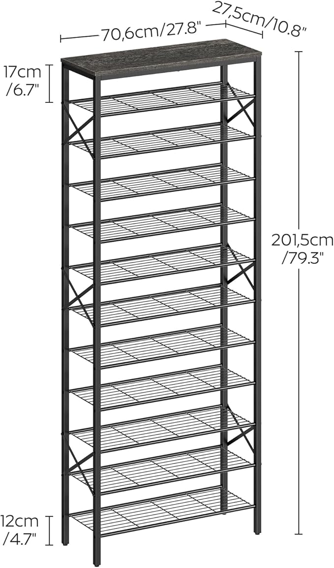 12 Tier Shoe Rack, Large Capacity Shoe Storage Organizer Holds 48 Pairs, Sturdy and Stable, for Entryway, Hallway, Closet, Dorm Room, Charcoal and Black SS12BC