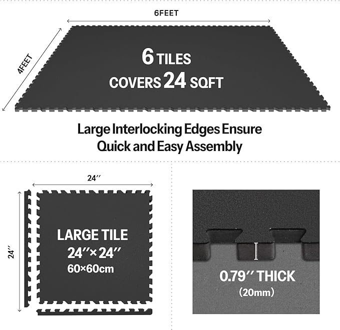 AIRHOP 0.79in Thick 24 Sq Ft Exercise Equipment Mats, 6 Tiles Upgraded Rubber Top with High Density EVA Foam, Large Interlocking Puzzle Gym Flooring for Home Gym, Heavy Weight Workout,Black