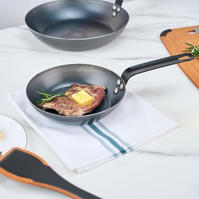 Restaurantware-Met Lux 8 Inch Fry Pans, 6 Lightweight Frying Pans - Induction-Ready, Triple-Riveted, Black Carbon Steel Cooking Skillets, Durable, For Searing, Sauteing, And Browning Food