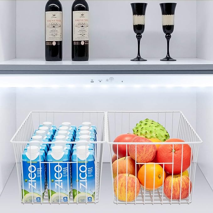 16inch Freezer Wire Storage Organizer Baskets, Household Refrigerator Bins with Built-in Handles