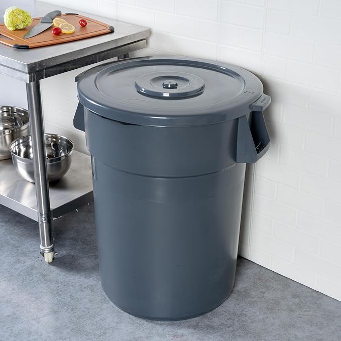 Restaurantware-LID ONLY: RW Clean Waste Container Lid, 1 Round Trash Can Cover - Waste Bin Sold Separately, For 44 Gallon Dustbin, Built-In Handle, Gray Plastic Garbage Can Cover, Heavy-Duty