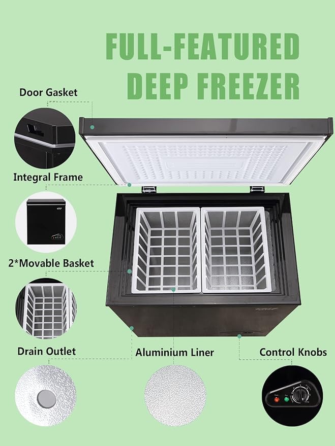 7.0 Cu.Ft Chest Freezer 7 Gears Temperature Control(-4°F to 6.8°F), Deep Compact Freezer with Two Removable Basket, for House, Kitchen, Garage, Basement, Shop, Black