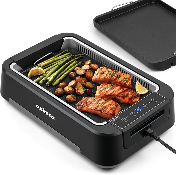 Indoor Grill, CUSIMAX Electric Smokeless Grill & Griddle with REPLACEABLE Smoke Filter Sponge, 1500W Korean BBQ Grill, Smart LED Display, Larger Grilling Area, Black(New Model)