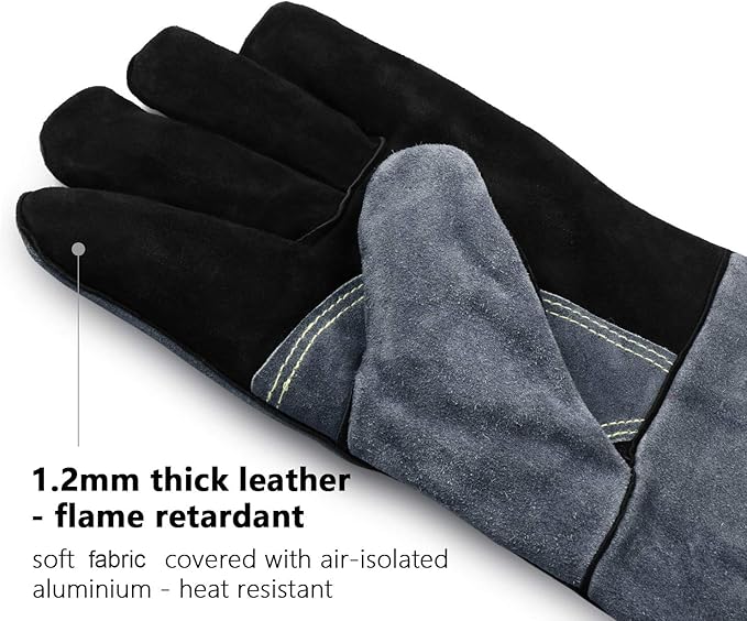 OZERO 932°F Heat Resistant Mig/Stick Welding Gloves 14 inches Cowhide Leather - Long Sleeve and Insulated Lining Barbecue Glove for Tig Welder/Grilling/Oven/Stove Black-gray