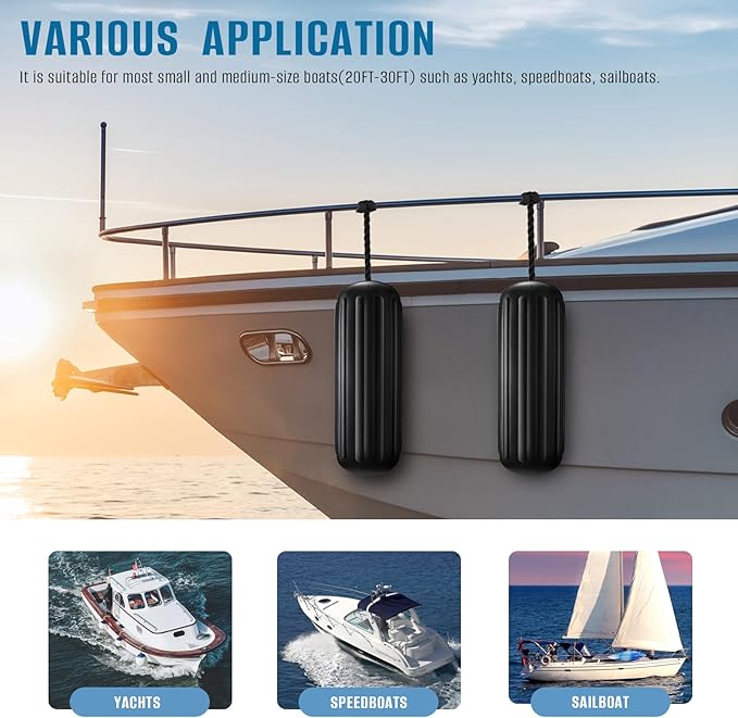 Boat Fenders 4 Pack 10 x 28 Inches Ribbed Center Hole Boat Fenders Bumpers for Docking, Comes with 4 Lines and Pump to Inflate