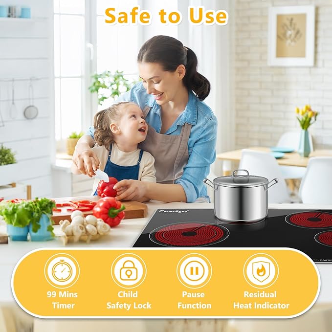 30 Inch Built-In Radiant Electric Cooktop, 4 Burner Smoothtop Stove Top with Expandable Dual Zone, 7200W 240V Hardwired Touch Control, 9 Power Levels, Timer, Child Lock & Hot Surface Indicator