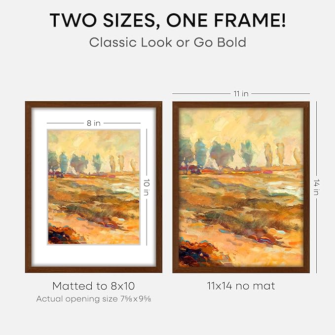Homeforia 11x14 Brown Picture Frame, High End Dark Oak 11x14 Walnut Poster Frame with Mat 8x10, 11 x 14 Wooden Frame Matted to 8 by 10 inch Photo, 14x11 Thin Frames, Tempered Glass, Wall Kit, Set of 4