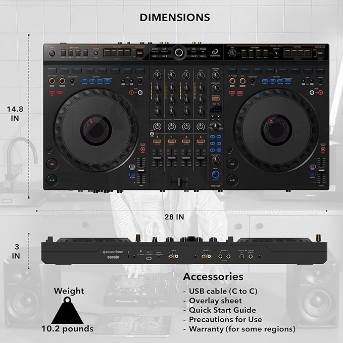 AlphaTheta DDJ-GRV6 4-Channel Performance DJ Controller Bundle with Case, Headphones, and Austin Bazaar Polishing Cloth