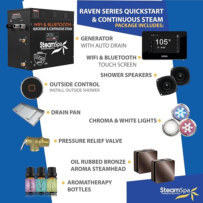SteamSpa Steam System 10.5kW Steam Shower Generator with Bluetooth Wifi, Quickstart Continous Steam, Advanced Touch Pad Screen, Chroma Lights, Drain Pan and Auto Drain Oil Rubbed Bronze RVBS1050ORB-A