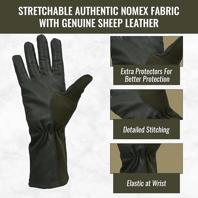 Nomex Flight Gloves, Leather Work Gloves for Men, Soft Durable Sheep Skin Leather Driving, Flying, Gardening Hunting Gloves