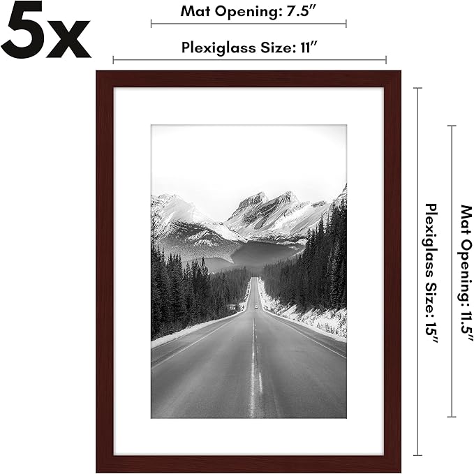 Americanflat 11x15 Picture Frame with Polished Plexiglass - Set of 5 - Use as 8x12 Frame with Mat or Display 11x15 Photo Without Mat - Galleria Collection - Picture Frames for Wall Display - Mahogany