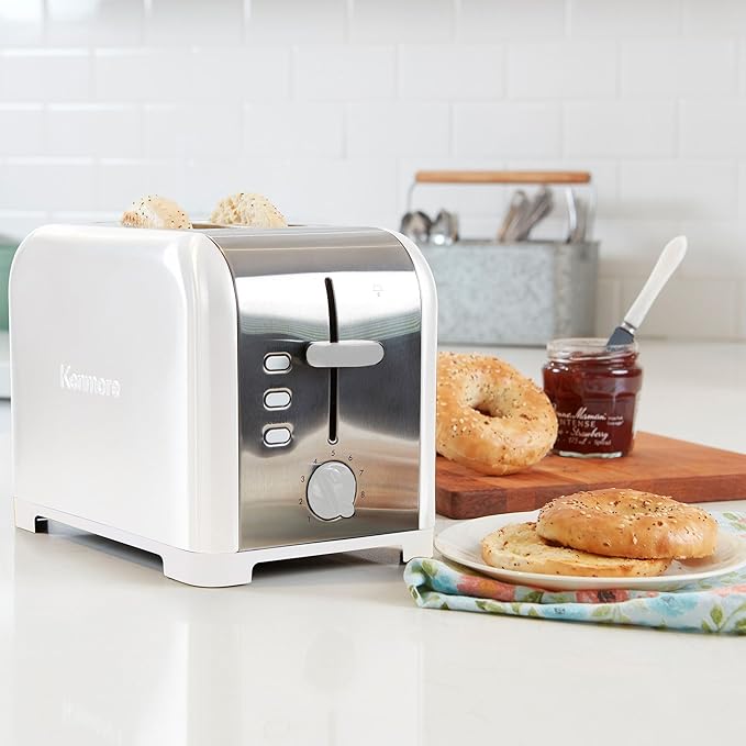 Kenmore toaster 2 slice - extra wide slot countertop kitchen appliance, defrost function, tostador de pan, 9 shade settings, easy clean crumb tray, bread bagel, stainless steel & White