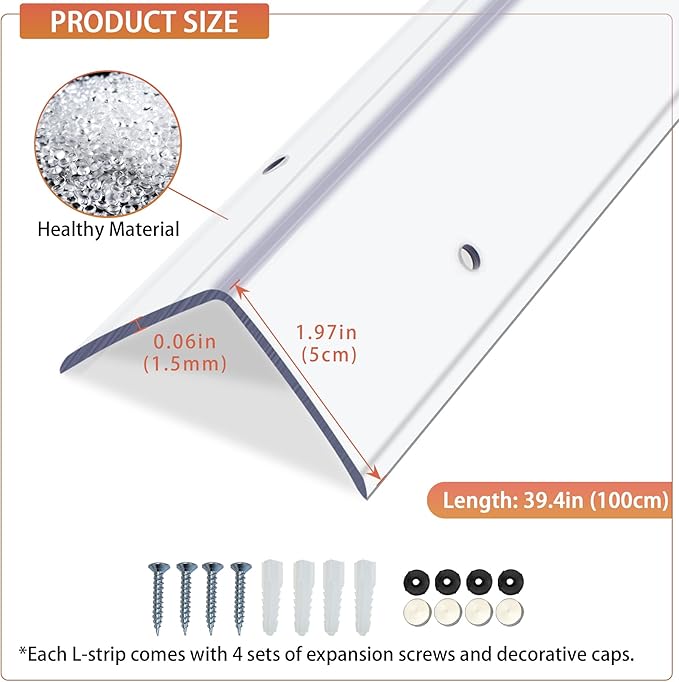 Clear Screws Installation Wall Corner Protectors, Thickened L-Shaped Furniture Edge Shields & Guards for Sharp Wall, Door Frame, Table (4pcs x 39.4''L x 1.97''W)