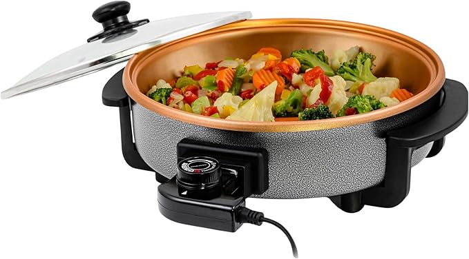 OVENTE 12 Inch Electric Skillet and Frying Pan with Nonstick Coating, 1400W Power, Adjustable Temperature Control, Tempered Glass Lid with Vent and Cool Touch Handles, Copper SK11112CO