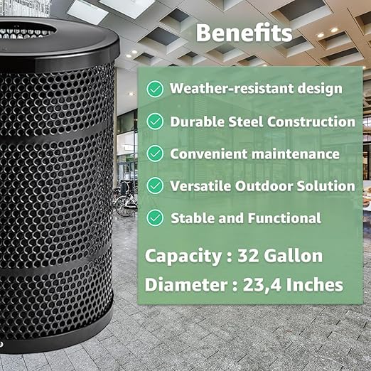 32 Gallon Perforated Recycle Container with Flat Lid, Steel Outdoor Heavy-Duty Commercial Trash Can, Black Round Waste Bin, Durable Garbage Can for Municipalities, Schools, Parks, Parking
