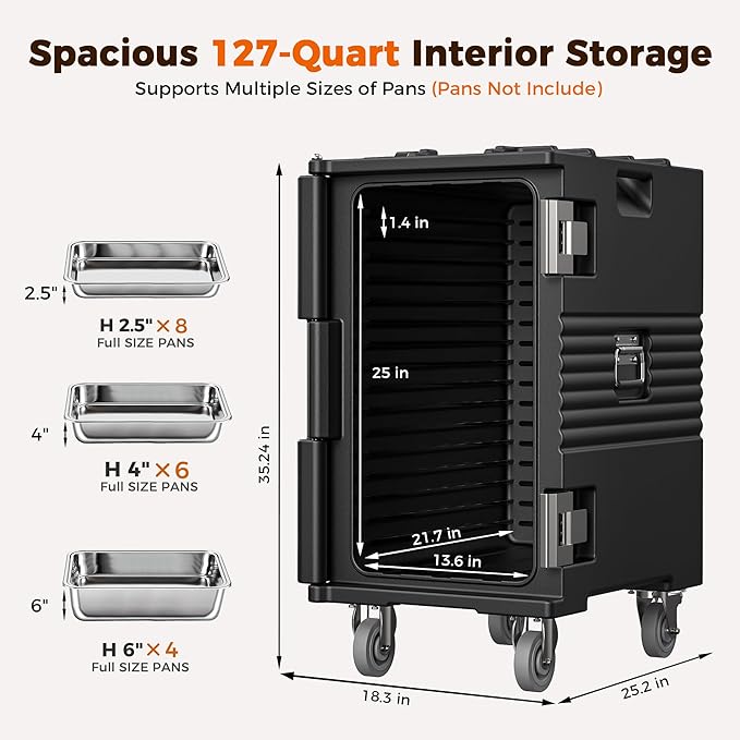 127QT Non-Electrical Catering Food Warmers with Casters, 304 Stainless Steel Latch & Door Shaft, Insulated Food Carrier for 8 Full-Size Pans(NOT Included), Food Warmer Hot Boxes for Catering