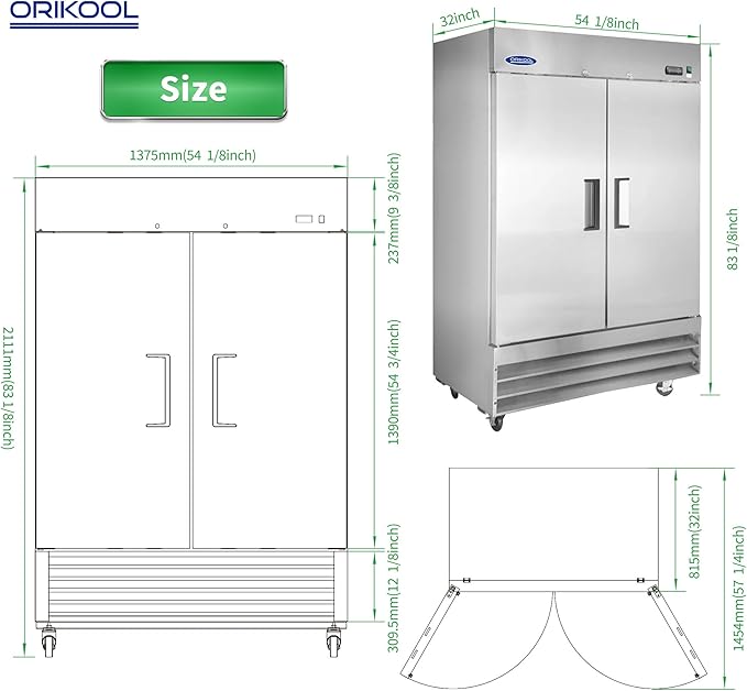 54"W Commercial Refrigerator Freezer,49 Cu.ft Commercial Refrigerator with 2 Door Reach-In Freezers Stainless Steel,ETL Upright Freeze Storage w/ 6 Adjustable Shelves,LED Light,for Restaurant,Silver