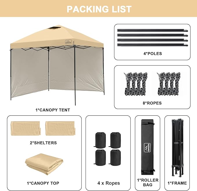 KAMPKEEPER 10x10 Easy Pop Up Canopy Tent with Sidewalls, Instant Outdoor Shade Shelter with Removable 10FT Sun Walls, Quick Setup Waterproof and UV-Resistant for Patio (Khaki, 2 sidewall)