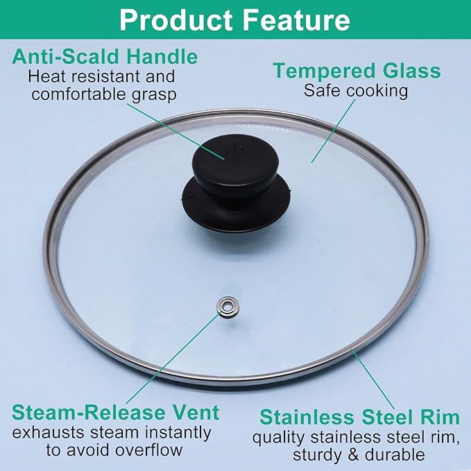 Pan Lid 8 Inch, Round Tempered Glass Lid, Universal Pot Lids with Heat Resistant Handle, Replacement Pan Cover for Pans and Skillets, Dishwasher Safe