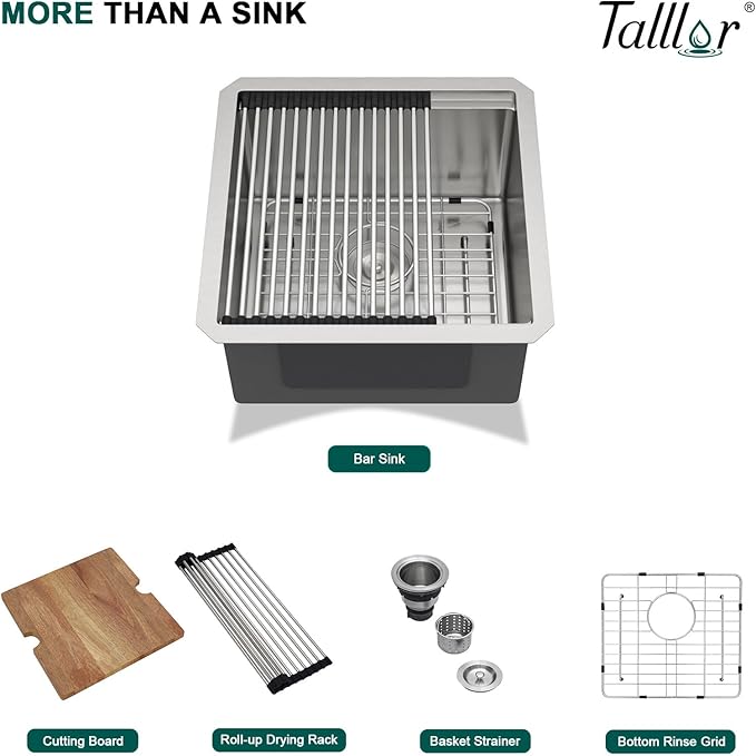 Undermount Bar Sink - 17 Inch Workstation Bar Sink Stainless Steel 16 Gauge Single Bowl Under Counter Small Prep RV Sinks with Cutting Board and Assembly #TLU-0021