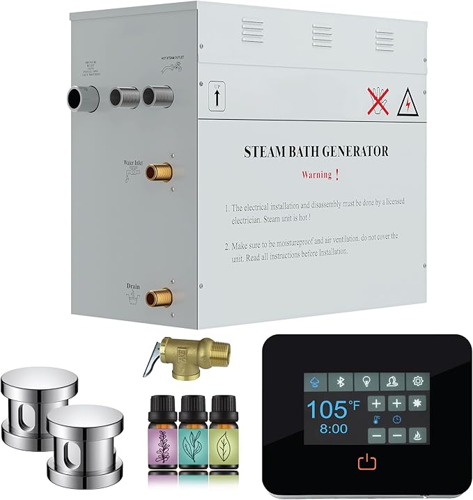 Builders Series 12kW Steam Bath Generator with Quickstart Continuous Steam, Black Digital Touch Pad, Built-in Auto-Drain, and Aroma Steamhead in Polished Chrome
