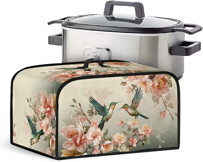 Hummingbird Slow Cooker Cover Pink Flower Slow Cooker Cover Holder Fits for Most 6-8 Quart Oval Slow Cooker Accessories with Handle and Pocket
