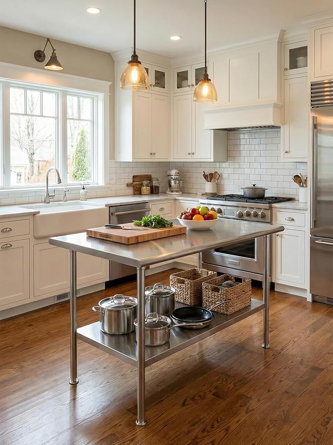 Stainless Steel Prep Table for Work, 24 * 48 Inch, High Load Bearing with Undershelf for Outdoor, Restaurants, Workshops, Kitchens, Garages and Gardens