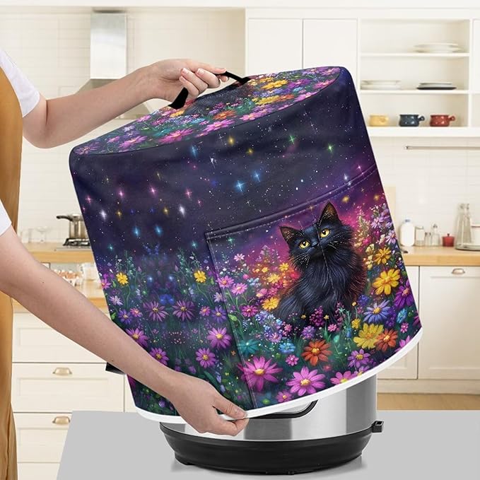 Xoenoiee Black Cat Colorful Daisy Pattern Pressure Cooker Cover Kitchen Appliance Dust Cover with Pockets for Rice Cooker Air Fryer Slow Cooker, for 8 Qt Pot