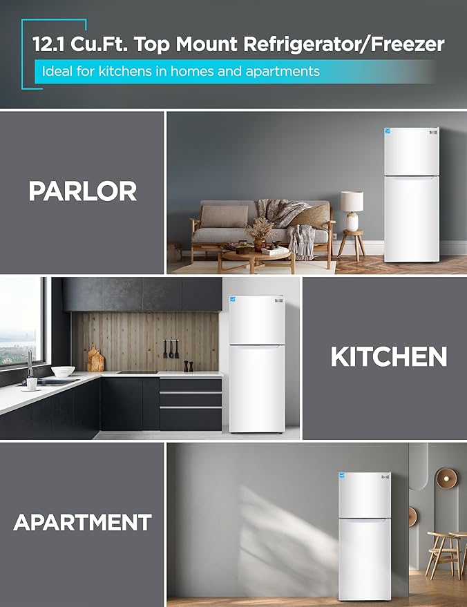 BLACK+DECKER 12.1 Cu. Ft. Top Mount Refrigerator with Freezer, 2 Door Refrigerator with Top Freezer and Adjustable Temperature Control, For Homes and Apartments, ENERGY STAR, BR1210HW, White