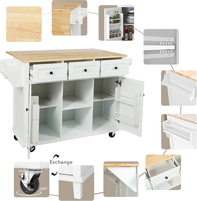 Favfurish Kitchen Island with Drop-Leaf Countertop, Internal Storage Cabinet Racks, Rolling Kitchen Cart on 5 Wheels with Open Shelves and 3 Drawers, Spice Holder, for Dining Room, White