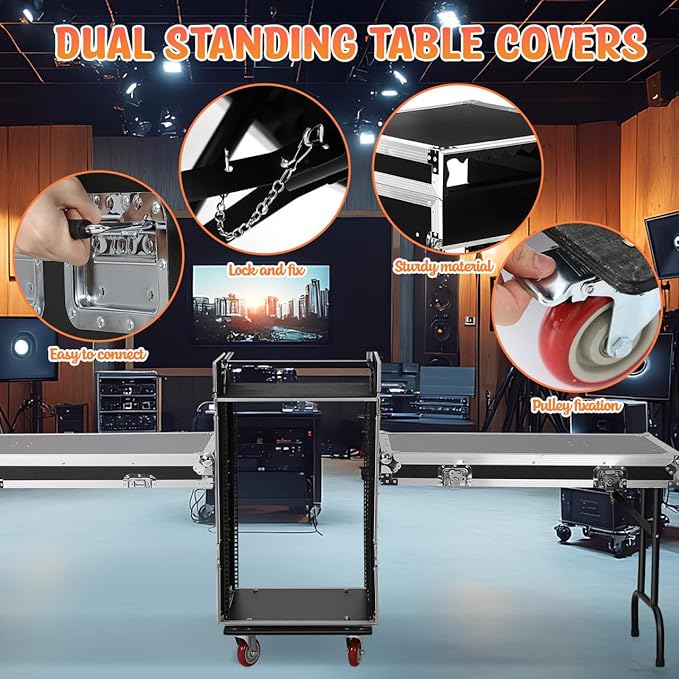 16u Dj Road Case, Recording Studio Rack Stand With Audio Mixer Stand & Wheels, Portable Media Storage Cabinet for Stage Performance Professional Audio Storage