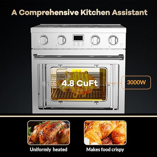 30-Inch Freestanding Electric Range with 4.8 Cu.Ft Convection Oven, 4 Powerful Burners, 6 Cooking Functions, Smooth Glass Cooktop, and Integrated Timer for Modern Kitchens