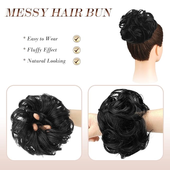 FESHFEN Large Messy Bun Hair Piece - Wavy Synthetic Chignon Scrunchies Elastic Ponytail Hair Extensions Thick Hairpieces for Women, Off Black 1.94oz