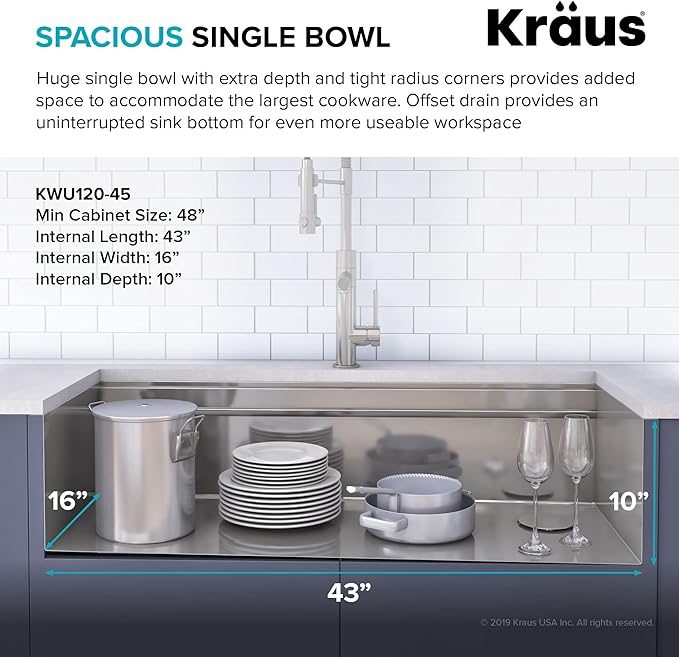 KRAUS Kore Workstation 45-inch Undermount 16 Gauge Stainless Steel Kitchen Sink, Single Bowl Kitchen Sink with Accessories, KWU120-45