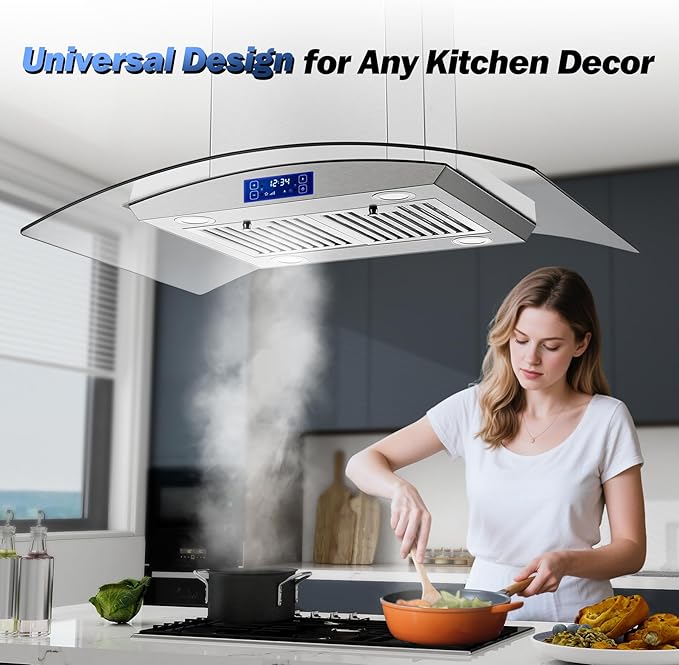 Island Range Hood 36 inch 700 CFM Ceiling Mount Kitchen Stove Hood Ducted with Tempered Glass 4 LED Lights Touch Control 3 Speed Fan Permanent Filters