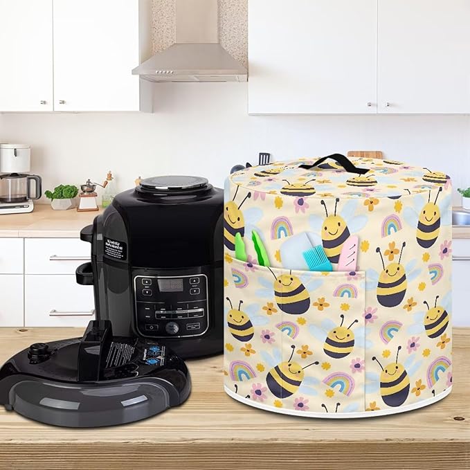 TODIYADDU Rainbow Bee Pressure Cooker Cover with Handle and Storage Pocket for Extra Accessories Portable Kitchen Small Appliance Dust Cover Protective Case