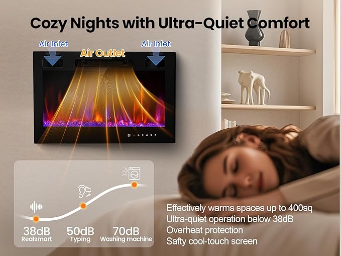 Electric Fireplace Insert 36" Realsmart 1500W Wall Mounted Fireplaces Recessed Heaters Remote Control Slim Black Fireplace Touch Screen Timer 12 Flame Colors LED Decor Low Noise