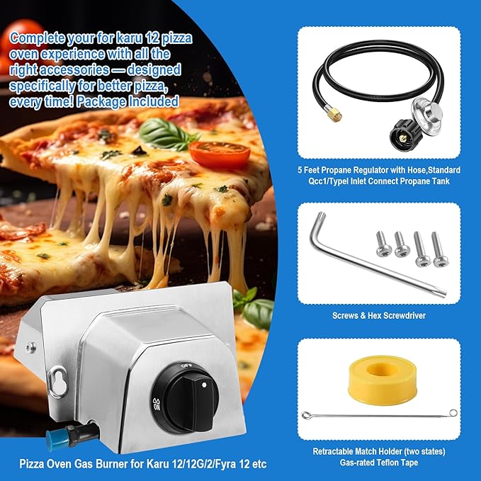 Pizza Oven Accessories, Gas Burner Rttachment for Karu 12 and Karu 12G Outdoors Pizza Oven Propane Burner,Includes 5FT Propane Hose with Gas Regulator, Pizza Oven Propane Conversion Kit.