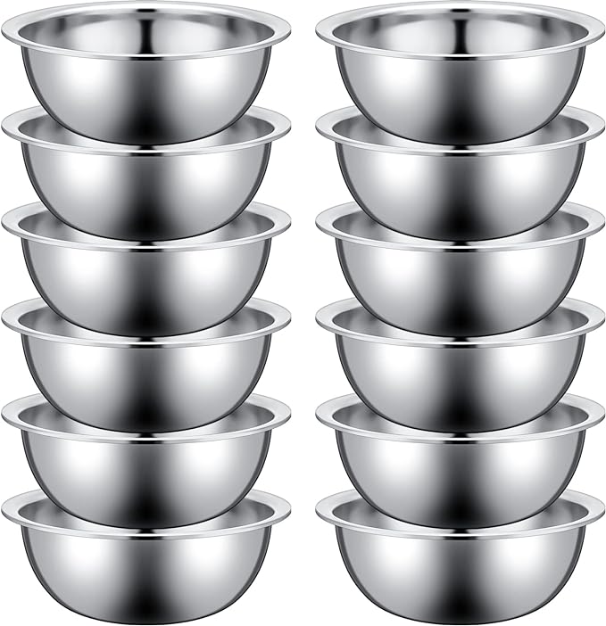 Pinkunn 12 Pcs Stainless Steel Mixing Bowls, Nesting Metal Salad Prep Bowls Bulk Reusable Baking Food Container Large Medium Small for Kitchen Hotel Restaurant Cooking, Silver (9.45 x 3.15 Inch)