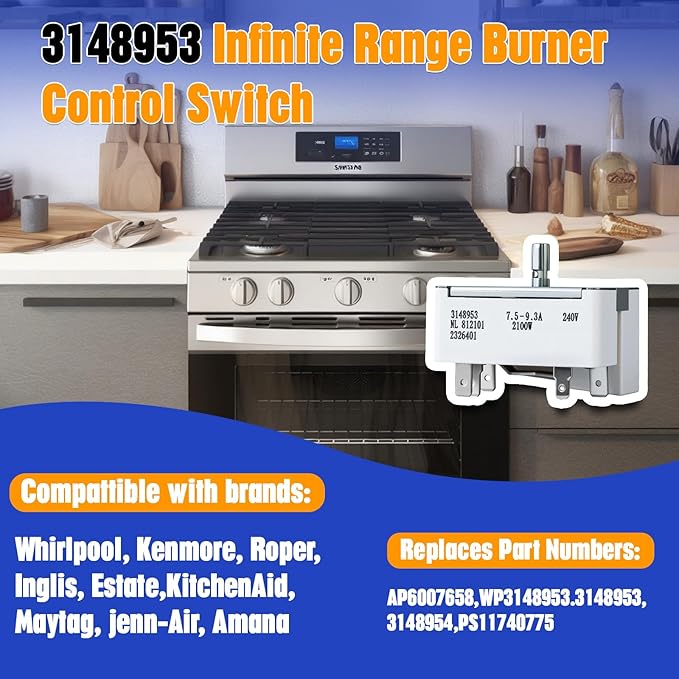 3148953 WP3148953 NL812101 OEM Replacement Range Surface Burner Infinite Switch for Whirlpool KitchenAid Maytag Amana Kenmore Electric Ranges