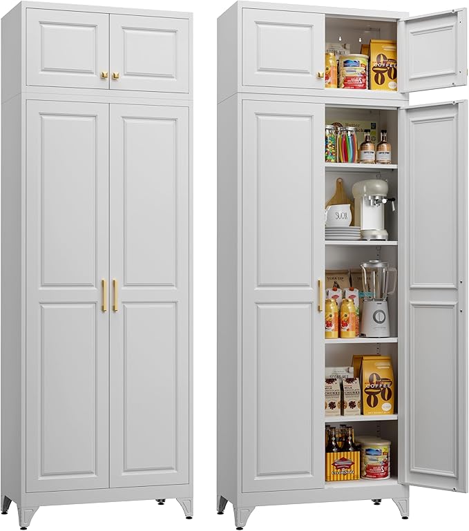 Kitchen Pantry Storage Cabinets, 90" Tall Metal Storage Cabinet with Doors and 4 Shelves, White Pantry Cabinet, Utility Kitchen Cupboard, Large Steel Cabinets for Dining Room, Office, Living Room