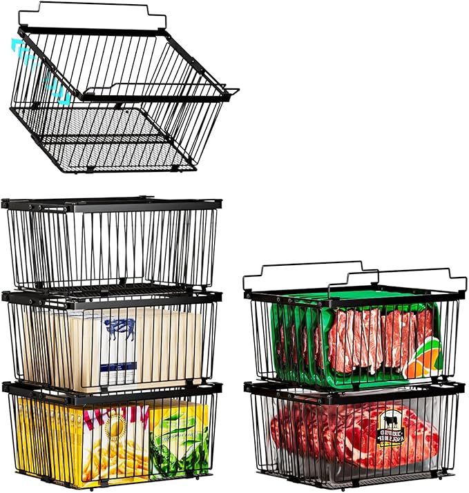 Large Freezer Organizer Bins，Upgraded Bottom Leak-Proof net，Fit 5 to 9 Cu Ft Chest Freezer，6 Pack， Expandable Stackable Chest Freezer Containers with Handle (Black-6P)