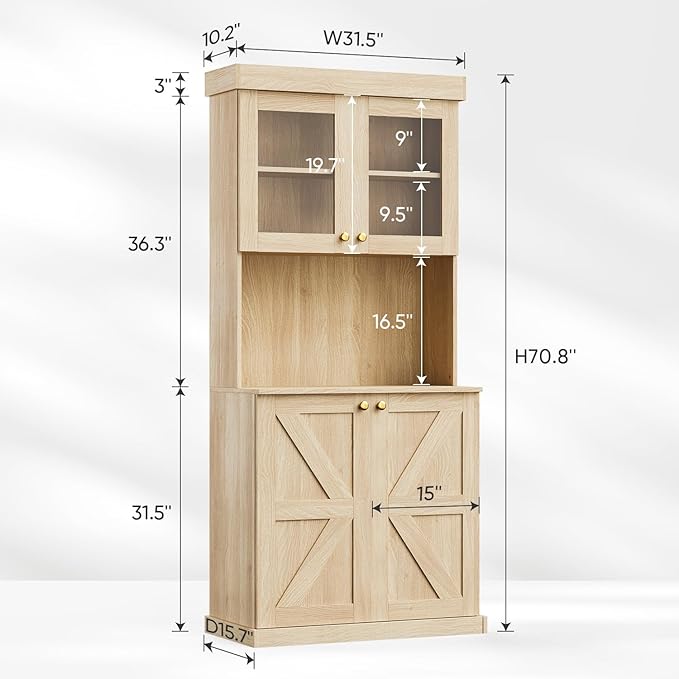 71" Tall Farmhouse Kitchen Pantry, Large Storage Cabinet with Glass Doors, Freestanding Coffee Bar Hutch with Microwave Stand, Adjustable Shelves for Kitchen, Living Room, Brown 4 Pcs