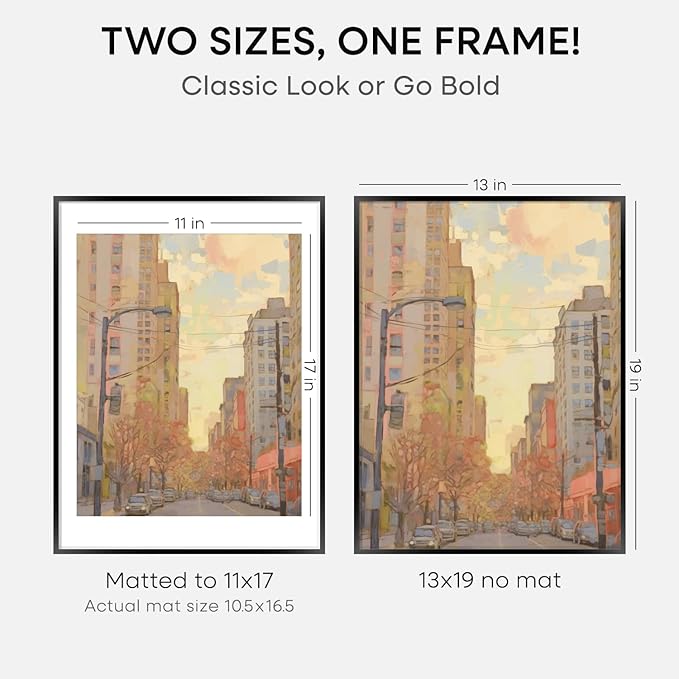Homeforia 13x19 Picture Frame Black, High End Metal 13 x 19 Poster Frames with Mat 11 x 17 for Photo, 13x19 Black Frame Matted to 11x17 inch Print, 19x13 Thin Frame, Tempered Glass, Wall Kit, Set of 3