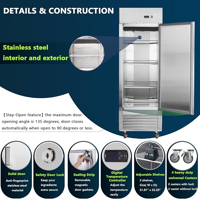 Commercial Freezer 27"W Single Solid Door Stainless Steel Interior and Exterior Construction Upright Fan Cooling