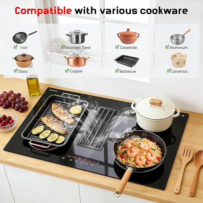 Karinear 30 Inch Downdraft Electric Cooktop with Ventilation System, 4 Burner 7400W Ceramic Glass Stove Top, BBQ Bridge Element & Dual Ring Burner, 9-Speed Fan, Timer, Child Lock, 240V(Ductless Mode)