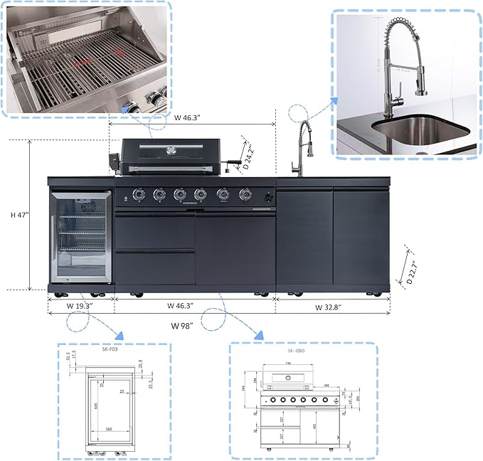 98-Inch Modular Natural Gas Outdoor Kitchen Island with Grill, All-in-One Patio Cooking Station with BBQ Grill, Refrigerator, Sink & Storage