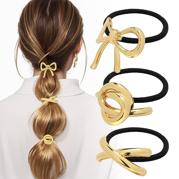 3PCS Metal Hair Tie For Women,Gold Cuffs,Metal Geometric Gold Hair Ties, Hair Accessories Stretchy and Non-Damage Ponytail Holders,Ponytail Cuff Hair Bands For Hair Styling (SET5)